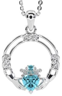 Aquamarine White Gold Celtic Claddagh Necklace