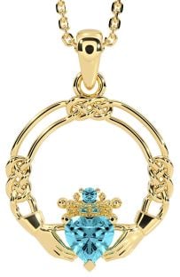 Aquamarine Gold Celtic Claddagh Necklace