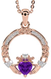 Diamond Amethyst Rose Gold Silver Celtic Claddagh Necklace