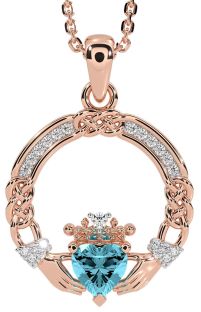 Diamond Aquamarine Rose Gold Silver Celtic Claddagh Necklace