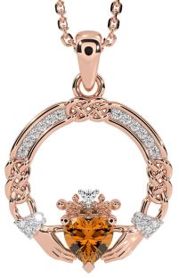 Diamond Citrine Rose Gold Silver Celtic Claddagh Necklace