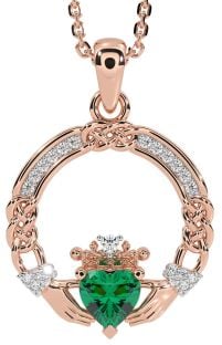 Diamond Emerald Rose Gold Silver Celtic Claddagh Necklace