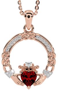 Diamond Garnet Rose Gold Silver Celtic Claddagh Necklace