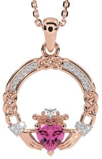 Diamond Pink Tourmaline Rose Gold Silver Celtic Claddagh Necklace