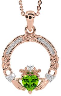 Diamond Peridot Rose Gold Silver Celtic Claddagh Necklace