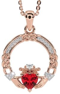 Diamond Ruby Rose Gold Silver Celtic Claddagh Necklace