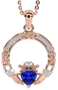 Diamond Sapphire Rose Gold Silver Celtic Claddagh Necklace