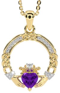 Diamond Amethyst Gold Silver Celtic Claddagh Necklace