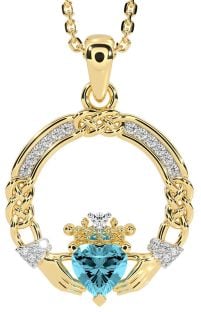 Diamond Aquamarine Gold Silver Celtic Claddagh Necklace