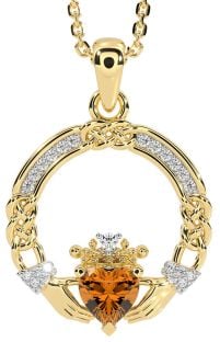 Diamant Citrin Gold Silber keltisch Claddagh Halskette