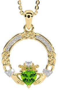 Diamond Peridot Gold Silver Celtic Claddagh Necklace