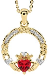 Diamond Ruby Gold Silver Celtic Claddagh Necklace