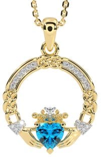 Diamond Topaz Gold Silver Celtic Claddagh Necklace