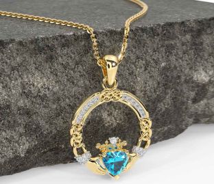 Diamond Topaz Gold Silver Celtic Claddagh Necklace