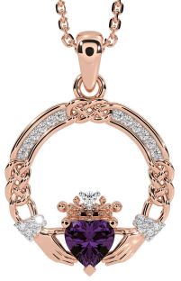 Diamond Alexandrite Rose Gold Celtic Claddagh Necklace