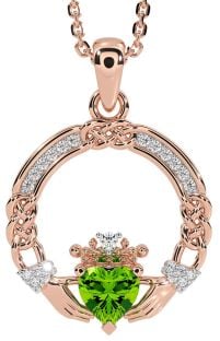 Diamond Peridot Rose Gold Celtic Claddagh Necklace