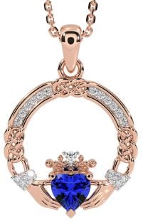 Diamond Sapphire Rose Gold Celtic Claddagh Necklace