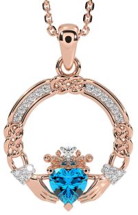 Diamond Topaz Rose Gold Celtic Claddagh Necklace