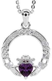 Diamond Alexandrite Silver Celtic Claddagh Necklace