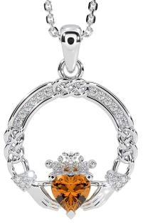 Diamond Citrine Silver Celtic Claddagh Necklace