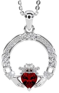 Diamond Garnet Silver Celtic Claddagh Necklace