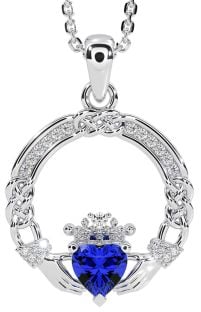 Diamond Sapphire Silver Celtic Claddagh Necklace