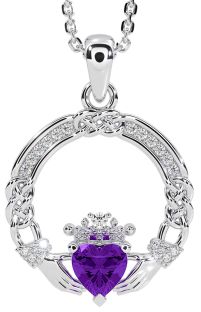 Diamond Amethyst White Gold Celtic Claddagh Necklace