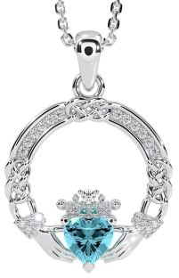 Diamond Aquamarine White Gold Celtic Claddagh Necklace