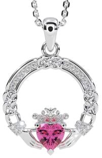 Diamond Pink Tourmaline White Gold Celtic Claddagh Necklace