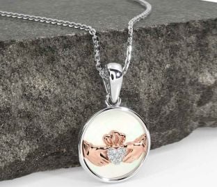 Diamond Rose Gold Silver Claddagh Pearl Necklace
