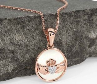 Diamond Rose Gold Silver Claddagh Pearl Necklace