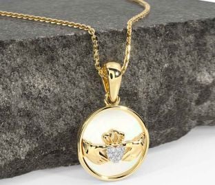 Diamond Gold Silver Claddagh Pearl Necklace