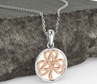Rose Gold Silver Shamrock Trinity Knot Pearl Necklace