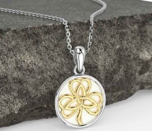White Yellow Gold Shamrock Trinity Knot Pearl Necklace