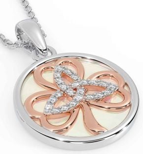 Diamond Rose Gold Silver Shamrock Trinity Knot Pearl Necklace