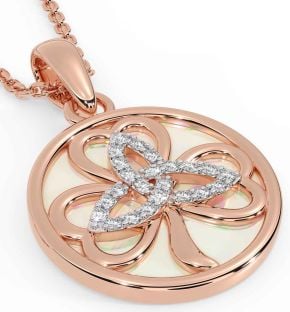 Diamond Rose Gold Silver Shamrock Trinity Knot Pearl Necklace