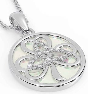 Diamond Silver Shamrock Trinity Knot Pearl Necklace