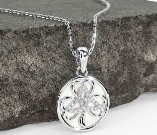 Diamond Silver Shamrock Trinity Knot Pearl Necklace