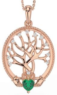 Diamond Emerald Rose Gold Silver Claddagh Tree of Life Necklace