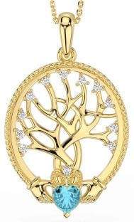 Diamond Aquamarine Gold Silver Claddagh Tree of Life Necklace