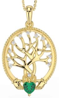 Diamond Emerald Gold Silver Claddagh Tree of Life Necklace