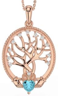 Diamond Aquamarine Rose Gold Claddagh Tree of Life Necklace