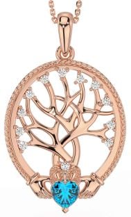 Diamond Topaz Rose Gold Claddagh Tree of Life Necklace