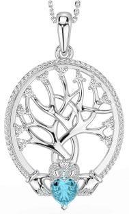 Diamond Aquamarine Silver Claddagh Tree of Life Necklace