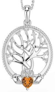 Diamond Citrine Silver Claddagh Tree of Life Necklace