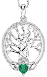 Diamond Emerald Silver Claddagh Tree of Life Necklace