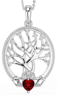 Diamond Garnet Silver Claddagh Tree of Life Necklace