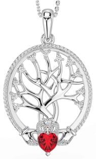 Diamond Ruby Silver Claddagh Tree of Life Necklace