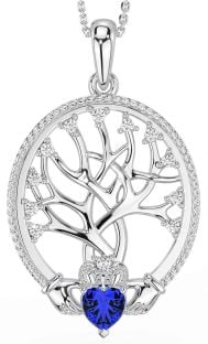 Diamond Sapphire Silver Claddagh Tree of Life Necklace