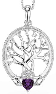 Diamond Alexandrite White Gold Claddagh Tree of Life Necklace